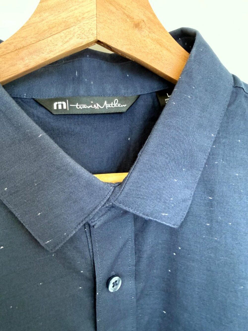 TravisMathew Men's Navy Blue Slub Neppy Short Sleeve Button-Down Shirt Pocket L